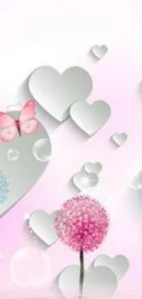 This live wallpaper features a charming pink background adorned with cute hearts, dandelions, and a fluttering butterfly, perfect for those looking for a whimsical and romantic theme for their phone