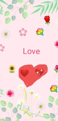 This phone live wallpaper showcases a charming red heart surrounded by a colorful array of flowers and leaves for an eye-catching display