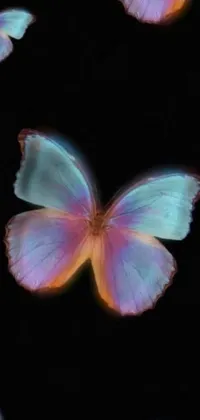 This phone live wallpaper is a stunning holographic scene of beautiful butterflies as the central focus
