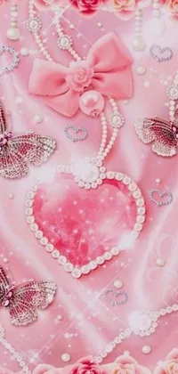 This lovely phone live wallpaper features a beautifully decorated cake on a table, surrounded by delicate pink diamonds, intricate amour, a magic heart, and playful butterflies
