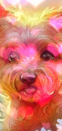 This phone live wallpaper features a close up of a cute dog with flowers in the background, designed in airbrush painting and digital art style