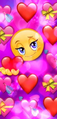 This stunning live phone wallpaper features a smiley face surrounded by an array of vibrant hearts, cute animals, a bow and arrow game screen, a crying android woman, a glittery gem accent, and an eye-catching Lisa Frank design