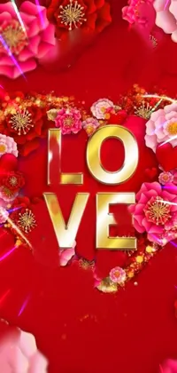 Looking for a bold and romantic wallpaper for your phone? Look no further than this stunning design featuring a intricately designed heart with flowers and the word "love" in golden Chinese text, set against a striking red background