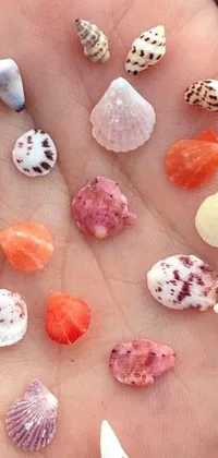 This live wallpaper displays a bunch of seashells in a hand, an abstract landscape picture, and strawberry gems