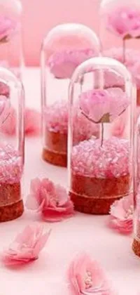 This live wallpaper captures a delightful scene of a table adorned with glass cloches filled with pink flowers, candy decorations, and sakura bloomimg