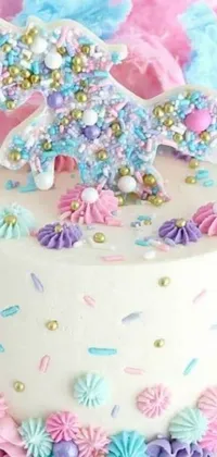 This enchanting phone live wallpaper showcases a mouthwatering cake adorned with colorful sprinkles, complemented by a mystical unicorn figurine close by