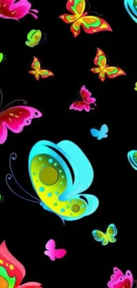 This phone live wallpaper features a group of colorful butterflies against a black background in a vector art style