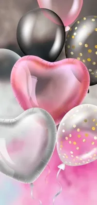 Decorate your phone with this lively and playful live wallpaper featuring heart-shaped balloons, metallic flecks, floating bouquets, and dreamy clouds in shades of pink and grey