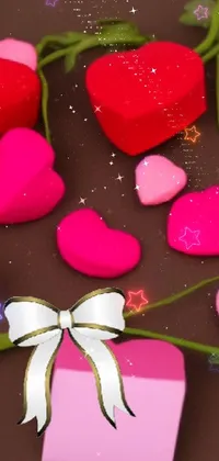 This lovely phone live wallpaper features a pink and red heart pattern on a brown surface