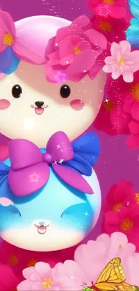 This phone live wallpaper features a close-up of a delightful teddy bear surrounded by colorful flowers and butterflies