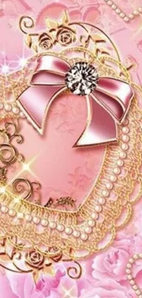 This phone live wallpaper features a beautiful pink heart surrounded by intricate floral patterns, pearls, and a bowknot