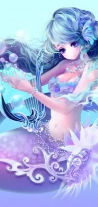 This stunning phone live wallpaper features a highly detailed mermaid sitting on top of a shimmering mermaid tail
