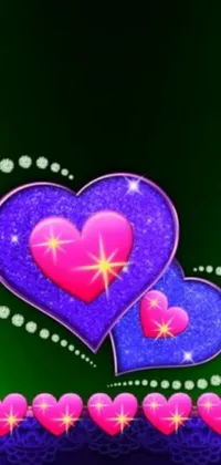 This phone live wallpaper features a digital art with a pair of hearts sitting on a table, surrounded by green sparkles