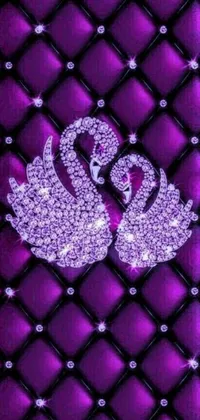 This live phone wallpaper features a pair of elegant swans perched on a vibrant purple quilt, with intricate Lisa Frank illustrations in the background
