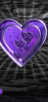This live wallpaper is designed for phones and features a captivating purple heart surrounded by additional hearts arranged on a brick wall background