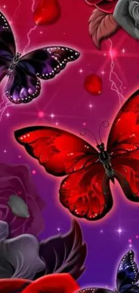 This is a stunning phone live wallpaper with red roses and butterflies set against a purple background