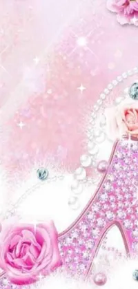Download this exquisite phone live wallpaper featuring a stunning pink background with a high heel shoe and charming flowers, perfectly designed in glamorous rococo style with intricately patterned details