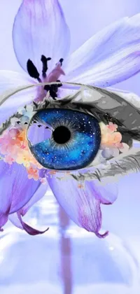This stunning phone live wallpaper showcases a close-up of a purple-toned flower with a striking blue eye at the center