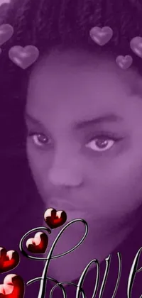This phone wallpaper features a close-up of a black female subject with heart prints in her hair on a deep purple background