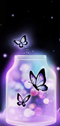 This phone live wallpaper features a captivating digital art of a glass jar filled with vibrant and colorful butterflies that appear to be fluttering out of it