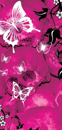 This live wallpaper for your phone features a vibrant pink background with black and white butterflies, animal skulls, deviantart, inked digital designs, graffiti, and skull bones flowers, all with a jelly-like texture