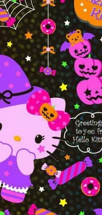 The adorable Hello Kitty Halloween Live Wallpaper features the iconic cartoon character in cute Halloween costumes, with spooky pumpkins, ghosts, and bats