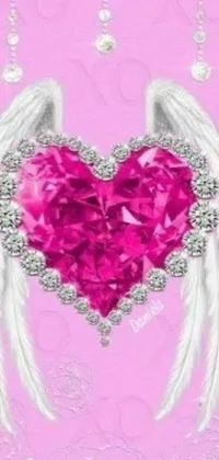 This stunning phone live wallpaper boasts a heart with wings set against a pink diamond-filled backdrop