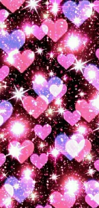 This phone live wallpaper features a dazzling display of pink and purple hearts set against a black background, and accompanied by twinkling stars to create a heavenly atmosphere