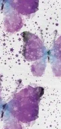 This live mobile wallpaper features a beautiful painting of purple butterflies on a white background, set against a stunning backdrop of sparkling space stars
