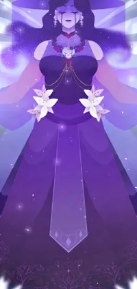 This phone live wallpaper features a purple-dressed woman with flowers in her hair standing on a lotus in a mystical forest