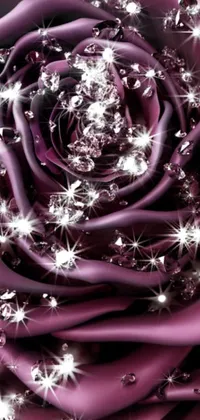 This phone live wallpaper features a beautiful close-up shot of a gorgeous purple rose, adorned with sparking Swarovski crystals and a diamond texture background