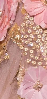 This live wallpaper features a digital rendering of flowery pink dress with golden sequins against a baroque-inspired backdrop