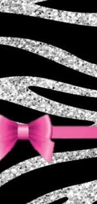 This phone live wallpaper features a black and white zebra print with a pink bow, digital rendering, tumblr, tachisme, glittering skin, banner, black and silver accents