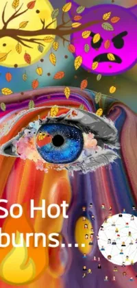 This live phone wallpaper depicts a close-up of an eye in sots art style with bright and fiery colors