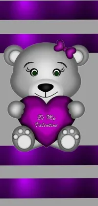This stunning phone live wallpaper showcases a beautiful white teddy bear, holding a purple heart against a silver background with magenta and grey accents