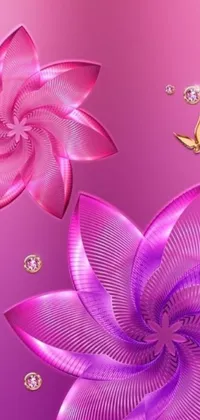 This phone live wallpaper boasts a stunning vector art of two pink flowers that surround fluttering butterflies