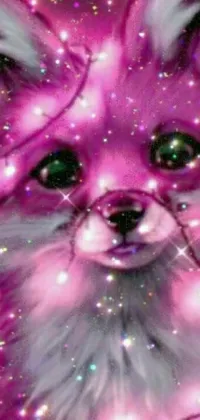 This stunning phone live wallpaper features a close-up of a pomeranian mix dog with a sparkling starry background