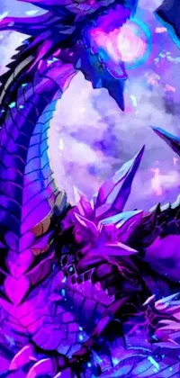 This phone live wallpaper features a detailed closeup of a dragon wearing sleek purple armor, surrounded by a stunning sky background with a mystical thorn motive