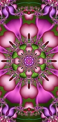 This live wallpaper for your phone features a beautiful digital art design of a purple and green flower on a green background with kaleidoscopic patterns