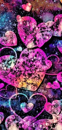 This live wallpaper showcases a variety of glowing pink and purple hearts against a stark black background, evoking a whimsical and dreamy atmosphere