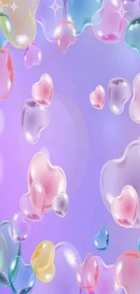 Transform your phone screen with this fun and colorful live wallpaper featuring beautiful iridescent balloons floating gently in the air amidst bubbly, translucent soapy bubbles and charming heart-shaped elements