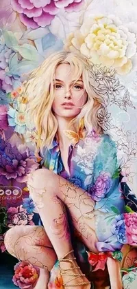 This phone live wallpaper showcases a captivating painting of an alluring woman with flowers in her hair