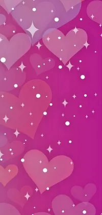 This mobile live wallpaper showcases a delightful digital artwork of several adorable hearts placed on a vibrant pink backdrop