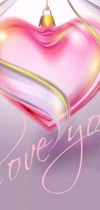 This phone live wallpaper design features a heart-shaped ornament with the words "love you" in cursive, surrounded by flowing pink-colored silk
