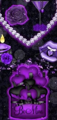 This phone live wallpaper displays a beautiful arrangement of purple roses on top of a black and violet table