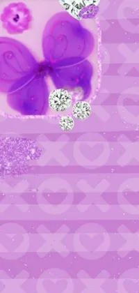 This digital art phone live wallpaper showcases a stunning and elegant purple butterfly on a soft pink background, with sparkling gems adding extra charm to the design