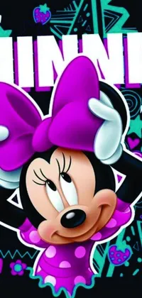 This phone live wallpaper is a visually captivating render of Minnie Mouse, featuring a purple bow on her head within the signature pop art style