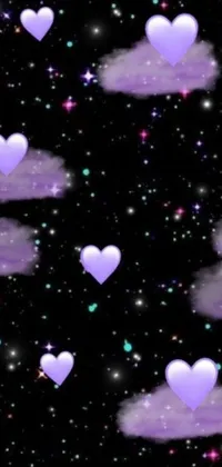Enhance your phone's beauty with the captivating live wallpaper featuring purple hearts against a black background
