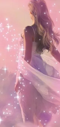 This stunning phone live wallpaper features a dreamy digital art creation of a woman standing in the clouds, wearing a dress made of stars