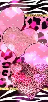 This phone live wallpaper showcases adorable pink hearts set amidst a lively zebra print background
